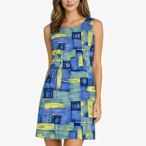 John Roberts Blue Green Abstract Geometric Print Sleeveless Shift Dress Size 14